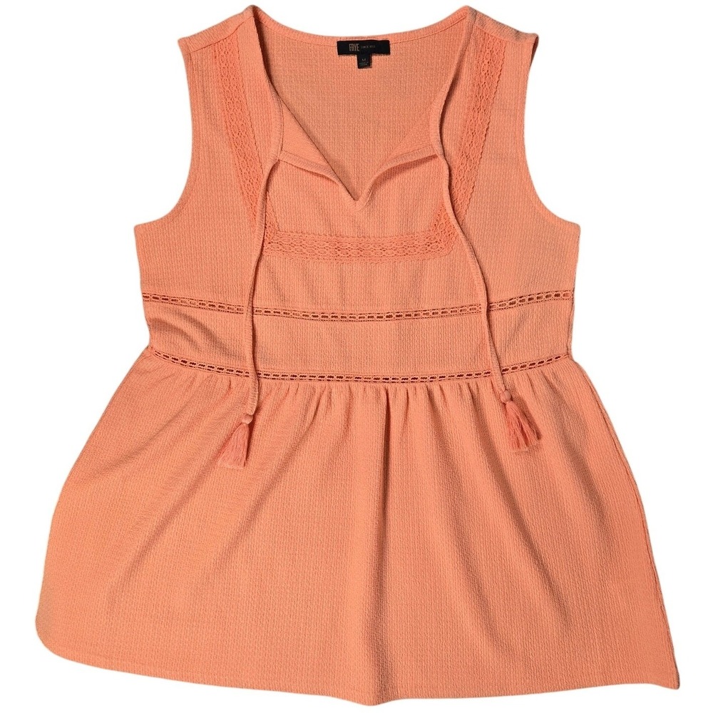 FRYE Cadmium Orange Textured Peplum‎ Tassel Tie Neck Tank Top Shirt Women's M